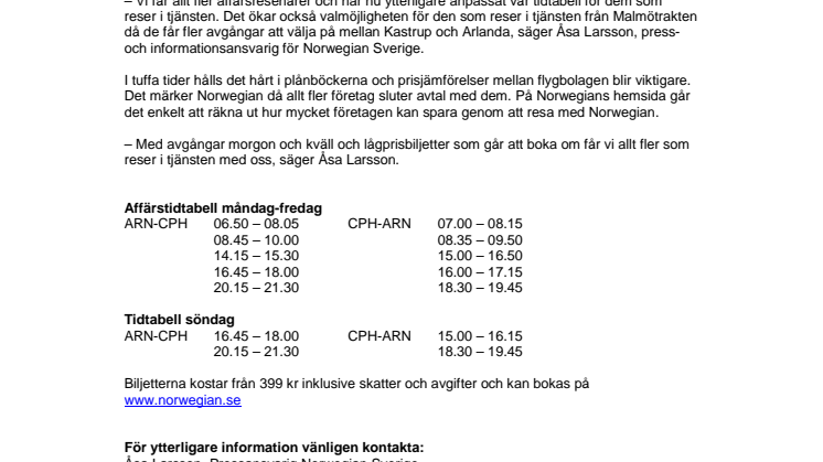 Skärper kampen om affärsresenärerna - Norwegian ökar kapaciteten mellan Kastrup och Arlanda