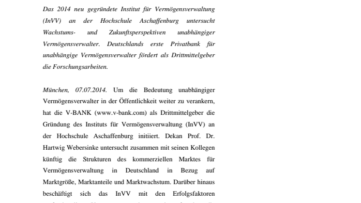 V-BANK unterstützt wissenschaftliche Forschung über unabhängige Vermögensverwalter