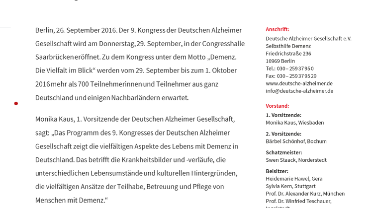 9. Kongress der Deutschen Alzheimer Gesellschaft „Demenz. Die Vielfalt im Blick“ beginnt am 29.9.2016