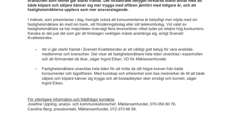 Fastighetsmäklarbranschen starkt framåt i Svenskt Kvalitetsindex