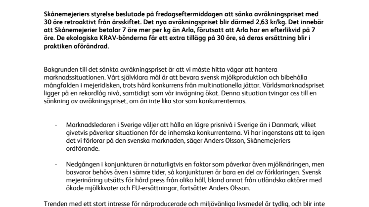 Skånemejerier tvingas sänka avräkningspriset med 30 öre