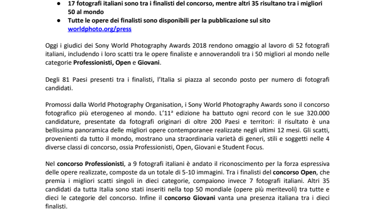 Grande successo per 52 fotografi italiani  nell’edizione 2018 dei Sony World Photography Awards, il concorso fotografico più eterogeneo al mondo