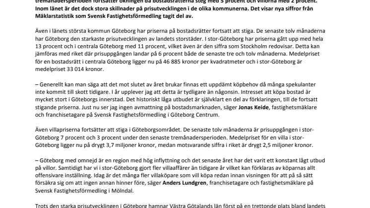 Fortsatta prisökningar på bostäder i Västra Götaland – Vänersborg och Uddevalla ökar mest i länet