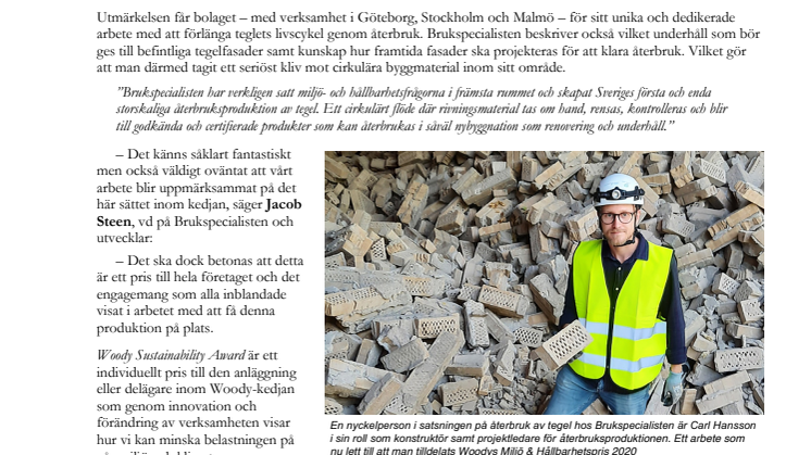 Återbruk av tegel gav Woodys hållbarhetspris