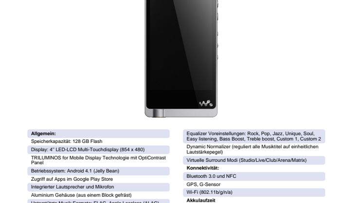 Datenblatt WALKMAN NWZ-ZX1S von Sony