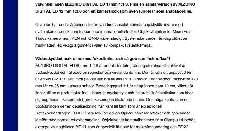 Olympus nya M.ZUIKO linser – från väderskyddat, förstklassigt makroobjektiv till fickvänlig ”lins-locks-lins” 