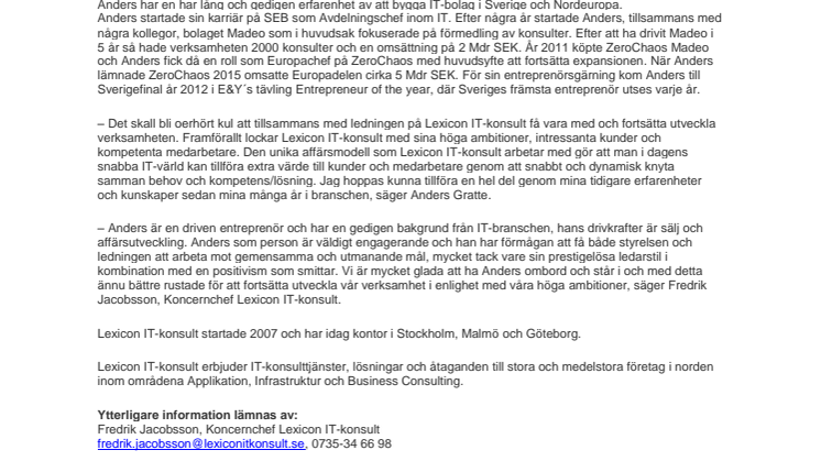 Anders Gratte går in som ägare samt i styrelsen för Lexicon IT-konsult