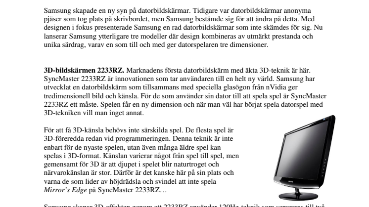 Första datorbildskärmen med 3D från Samsung