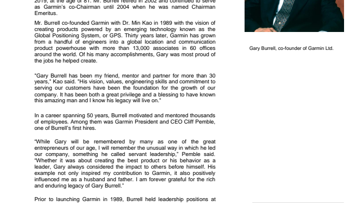 Garmin announces passing of Co-founder and Chairman Emeritus Gary Burrell  
