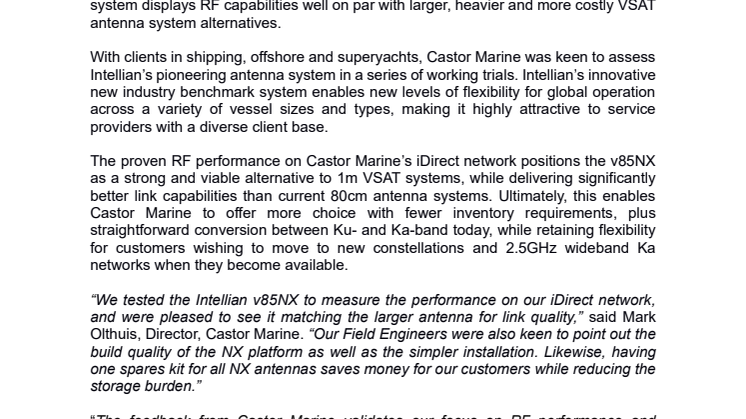 Intellian’s pioneering v85NX antenna excels in Castor Marine tests