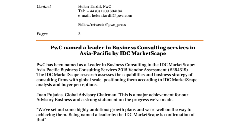 PwC named a leader in Business Consulting services in Asia-Pacific by IDCMarketScape