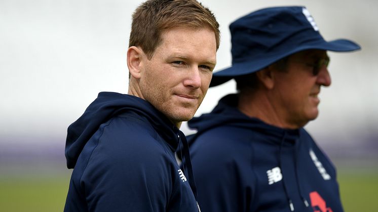 England captain Eoin Morgan (L) alongside head coach Trevor Bayliss
