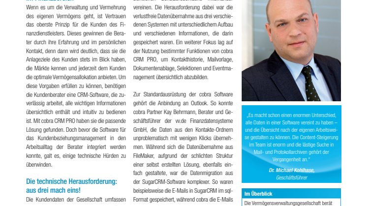 Eine sichere Sache: cobra CRM PRO bei der Dr. Kohlhase Vermögensverwaltungsgesellschaft