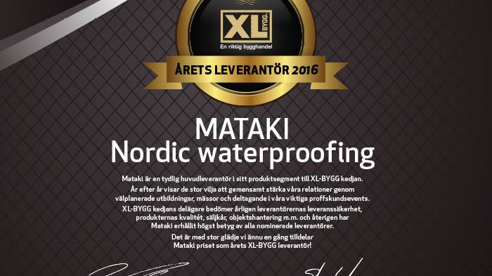 Årets XL-BYGG leverantör 2016 är Nordic Waterproofing (MATAKI)