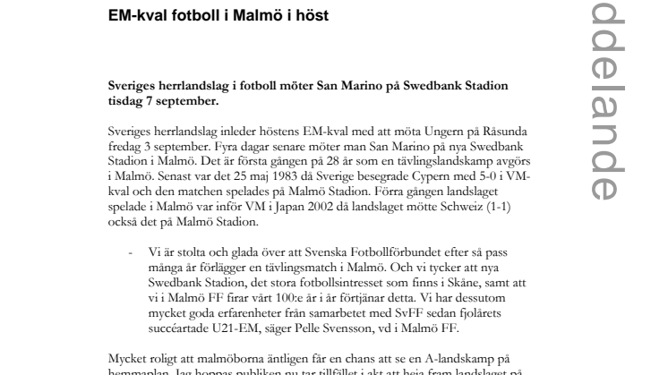 EM-kval fotboll i Malmö i höst 
