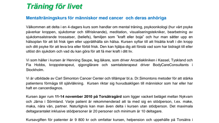 Mental träningskurs för cancerdrabbade och deras anhöriga