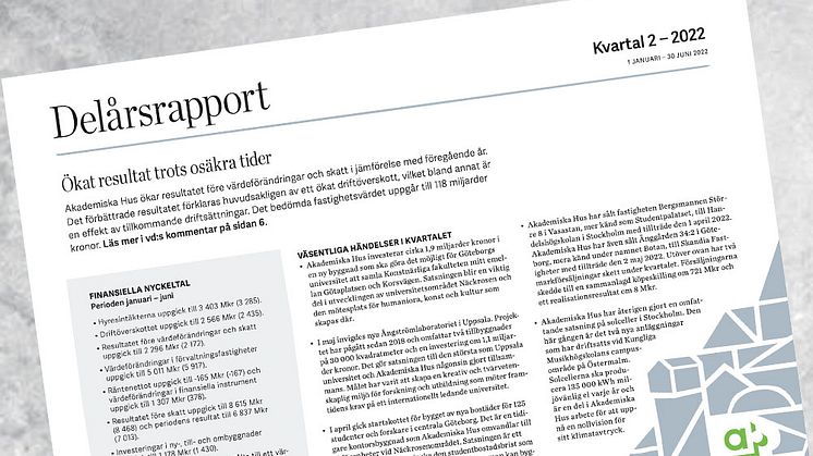 Akademiska Hus delårsrapport 1 januari – 30 juni 2022: Ökat resultat trots osäkra tider