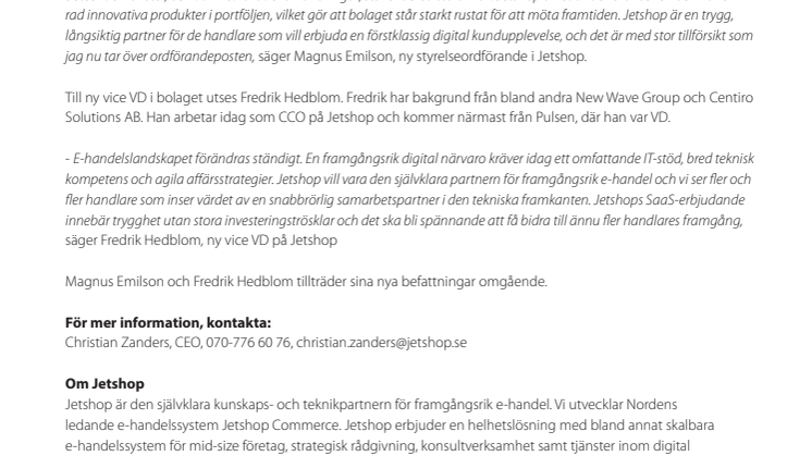Med starkt fokus på mid-size retail utser Jetshop ny styrelseordförande och ny Vice VD