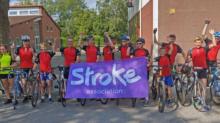 Arden Academy pupils at the end of their 100km cycle for the Stroke Association.