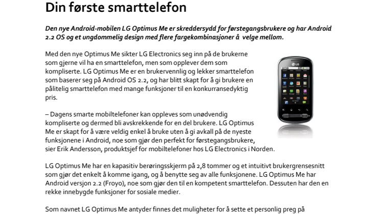 LG lanserer Optimus Me: Din første smarttelefon 