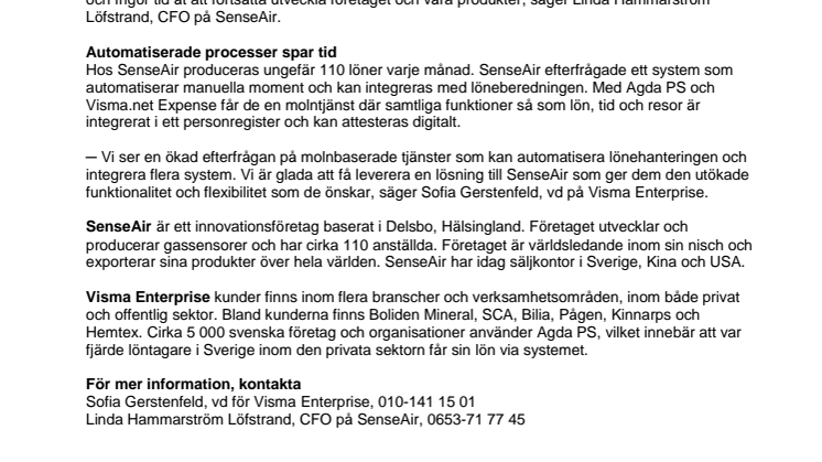 ​Världsledande innovationsföretaget SenseAir väljer Agda PS