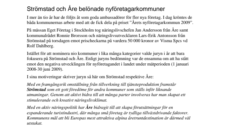 Strömstad och Åre belönade nyföretagarkommuner