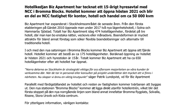 Biz Apartment öppnar nytt lägenhetshotell i Bromma Blocks