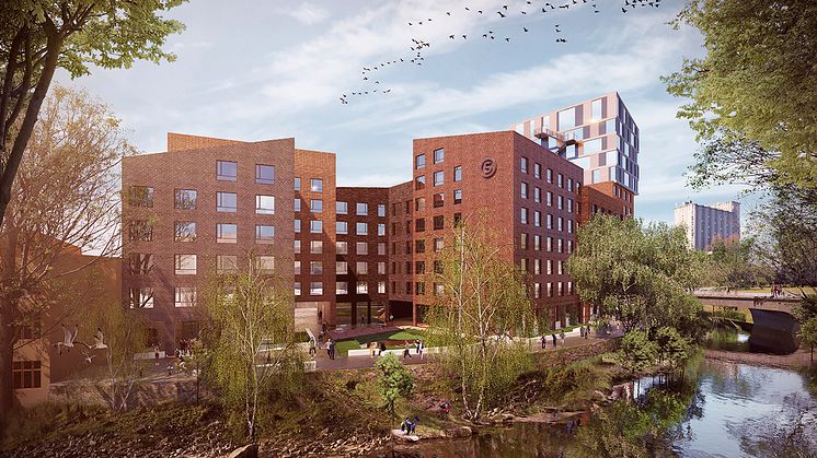 Nå sender SiO rammesøknaden for 200 nye studentboliger ved Akerselva. Målet er at det skal bli den første utslippsfri byggeplassen for studentboliger.. Illustrasjon: A-Lab.