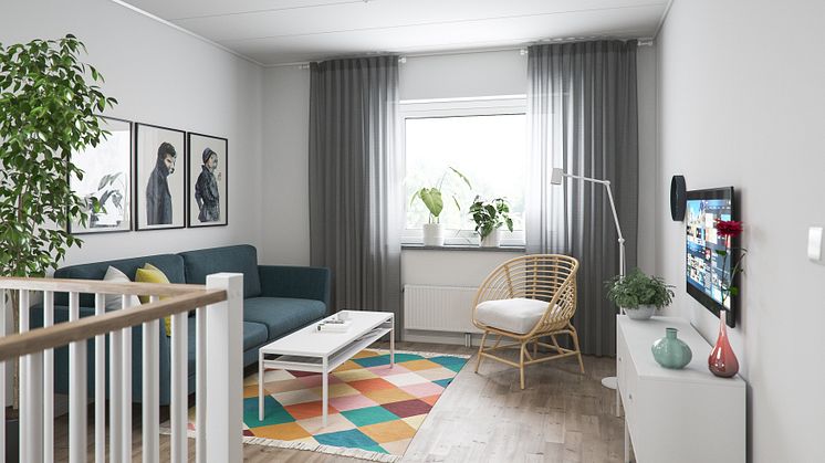 Illustration av interiör, allrum, BoKlok småhus, 2020. 