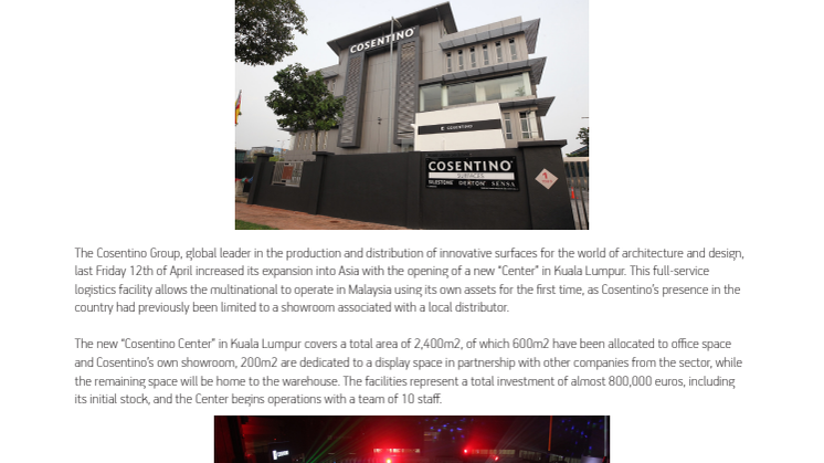 Cosentino Group reinforces its presence in Asia with  a new “Center” in Malaysia 