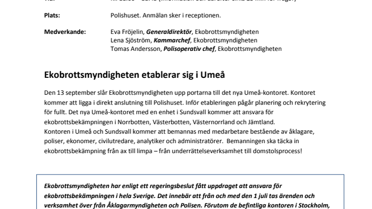 Ekobrottsmyndigheten etablerar sig i Umeå 