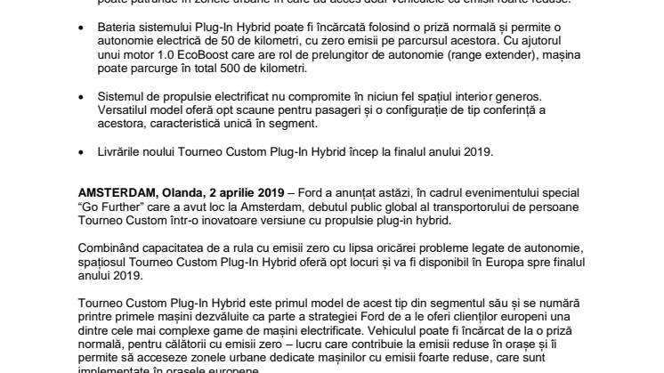 Ford dezvăluie versatilul Tourneo Custom într-o versiune Plug-In Hybrid capabilă să ruleze cu emisii zero