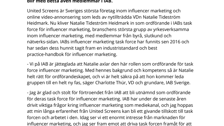 United Screens VD Natalie Tideström Heidmark ny ordförande för IABs influencer marketing task force