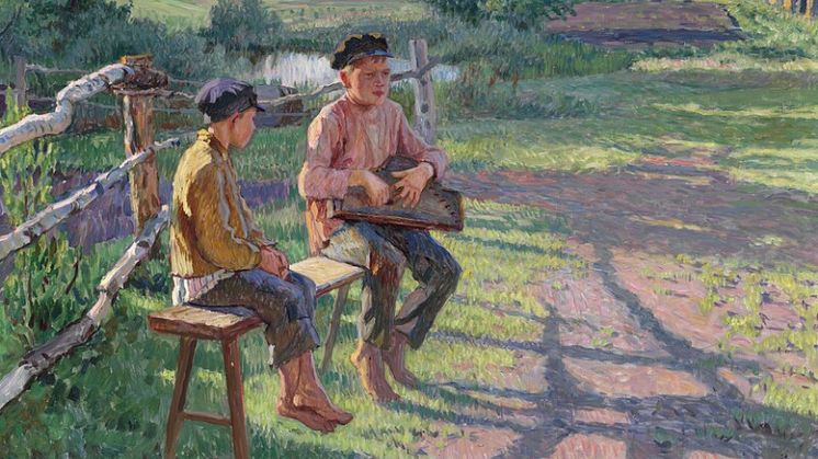 Nikolai Petrovich Bogdanoff-Belsky: Two boys on a bench, summer. Signed N. Bogdanoff-Belsky 1934. 80 x 100 cm. Sold for DKK 320,000 at Russian Auction this December.