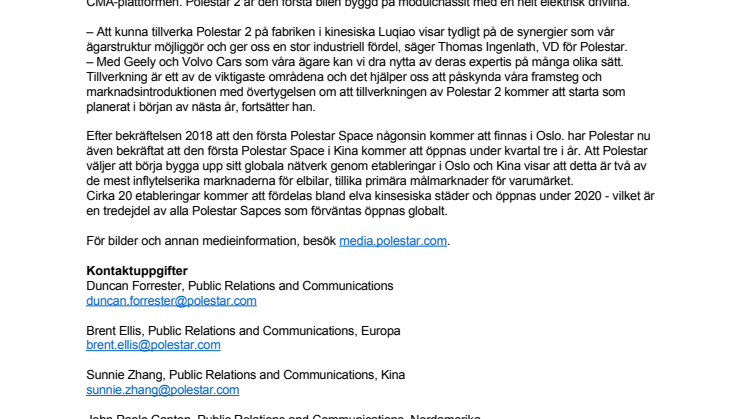 Polestar 2 sätter fokus på Kina med tillverkning och platsen för den första Polestar Space 