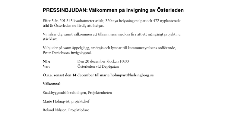 PRESSINBJUDAN: Välkommen på invigning av Österleden
