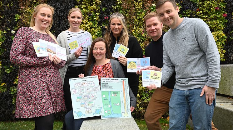 Pictured back row l-r:  Kayleigh Ransome, Julia Bourne and Chelsea Baxter, of New York Primary School; Alan Ramsay, of Roots and Wings; Joe Shimwell, of NUSTEM, with Dr Emma Hocking (front)