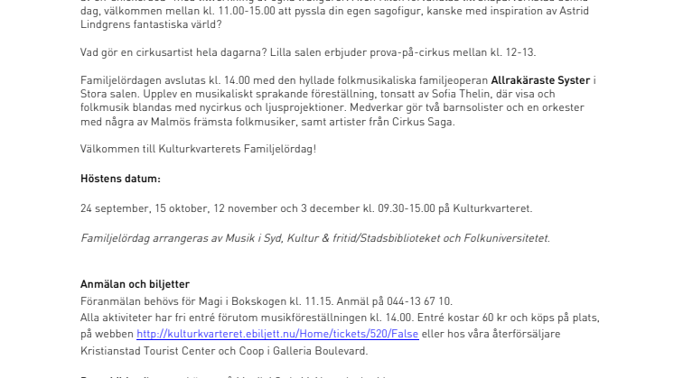 Astrid Lindgren-tema på höstens första familjelördag på Kulturkvarteret