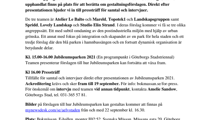 Pressinbjudan 22 september, Göteborgs Stadstriennal på Bokmässan: Så kan Jubileumsparken i Frihamnen växa fram till 2021 