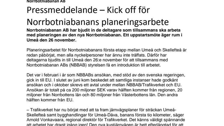 Pressmeddelande – Kick off för Norrbotniabanans planeringsarbete