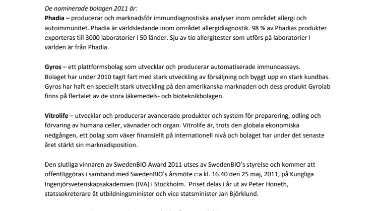 Nominerade till SwedenBIO Award 2011 – Award sponsor: Advokatfirman Delphi 