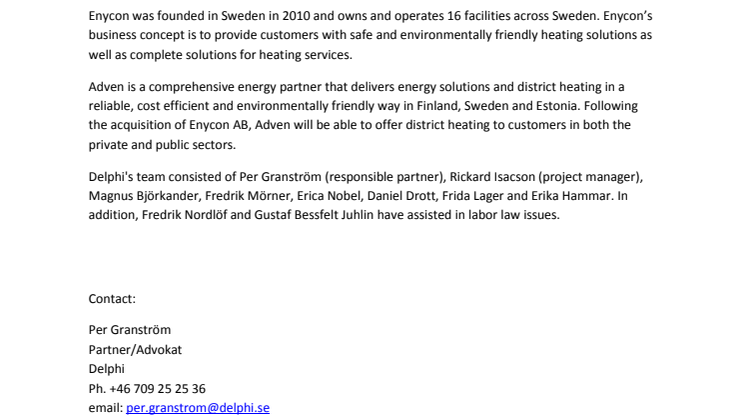 Delphi advised Adven in the acquisition of Enycon AB