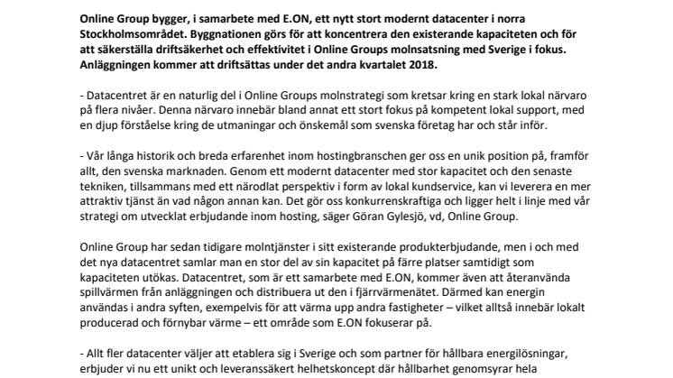 Online Group bygger datacenter i samarbete med E.ON -  intensifierar satsningen på hosting- och molntjänster.