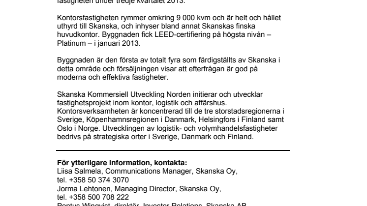 Skanska har sålt sitt finska huvudkontor till Union Investment för 274 miljoner kronor