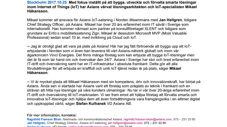 AXIANS EXPANDERAR OCH VÄRVAR EXPERT FÖR SATSNING  PÅ SMARTA INTERNET OF THINGS-LÖSNINGAR
