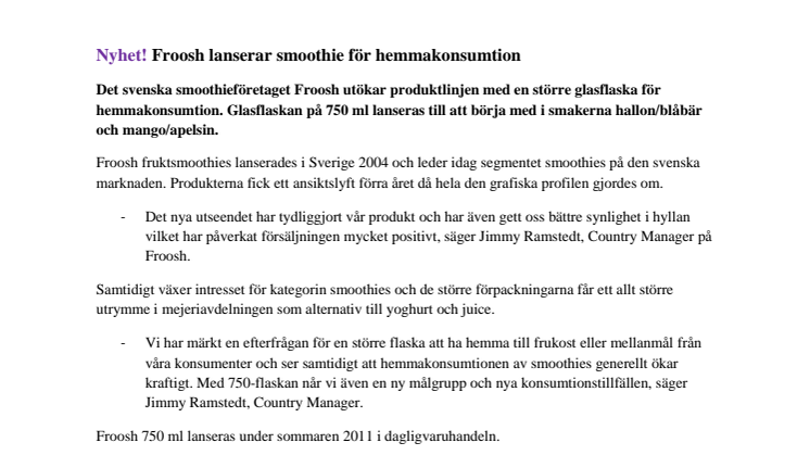 Froosh lanserar smoothie för hemmakonsumtion