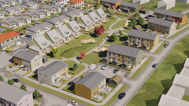 Brf Vildrosen (till höger i bild) kommer att bestå av 30 bostäder i par- och radhus. 
