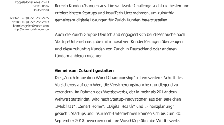 Zurich startet weltweiten Startup-Wettbewerb um die besten Innovationen