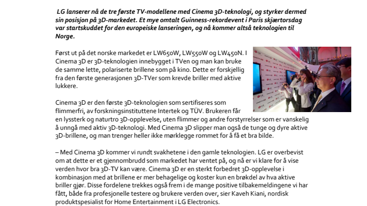 Nå kommer LG Cinema 3D til Norge