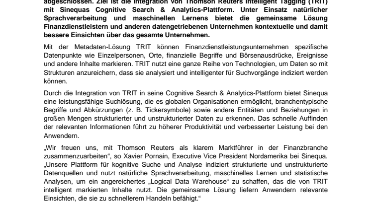 Sinequa und Thomson Reuters unterzeichnen Partnerschaftsabkommen für Kognitive Suche für Finanzdienstleister